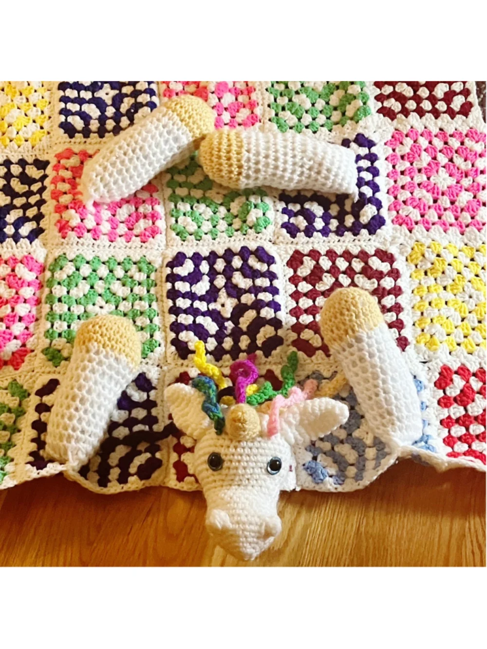 Handmade Crochet Amigurumi Unicorn Blanket Granny Squares 31” X 53” Multicolored